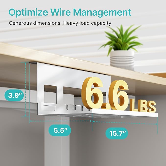 PEGZONE Under Desk Cable Management Tray, 15.7 Inches Metal Cord Organizer Rack, Desk Tray for Power Strip, Cord, Wire, Easy Mounting Cable Management Under Table for Home Office, White