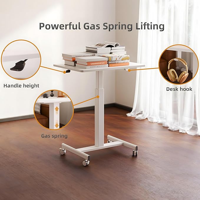 YDN Mobile Mobile Standing Desk, Adjustable Height Portable Laptop Desk with Lockable Wheels, 25.5" x 18.8" Rolling Desk with Hook for Computer Workstation, White
