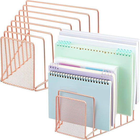 2 Pcs 7 Section Incline File Sorter Metal Wire Mesh File Rack for Desktop Letter Sorter for Magazine Folder Book Organizer Home Office School Paper Mail Desk Storage Holder (Rose Gold)