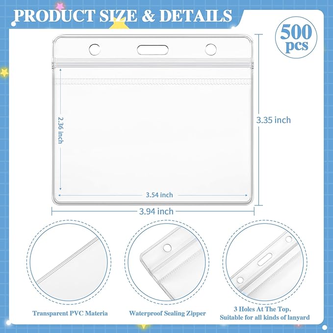 Qilery 500 Pcs Horizontal Badge Holder Clear Name Badge Holders Sealable Horizontal ID Badge Holder Plastic ID Card Holder Clear Badge Protector for Adult Credit Card Name Tag Work