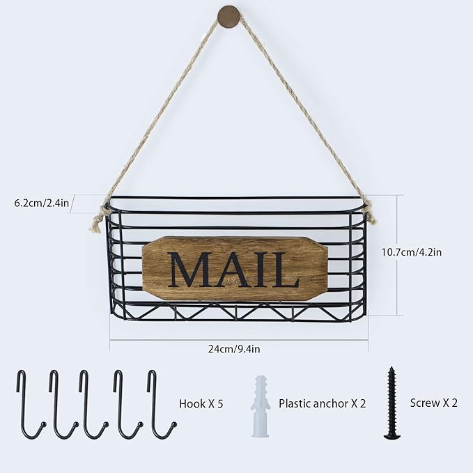 SRIWATANA Mail Organizer Wall Mount, Rustic Mail Holder Key Holder for Wall with Hooks, Small Size, Carbonized Black