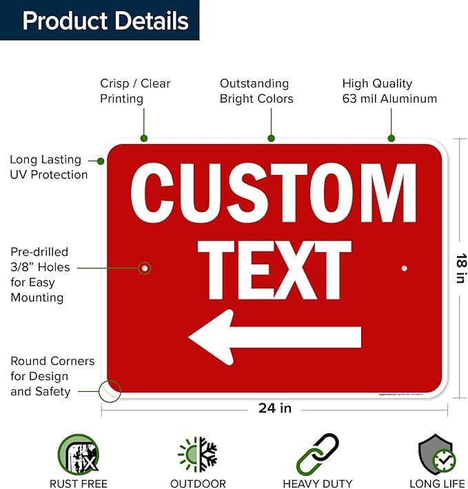Custom Arrow,Custom Directional Sign, Left Arrow,18x24 Inches, Rust Free .063 Aluminum, Fade Resistant, Made in USA by My Sign Center