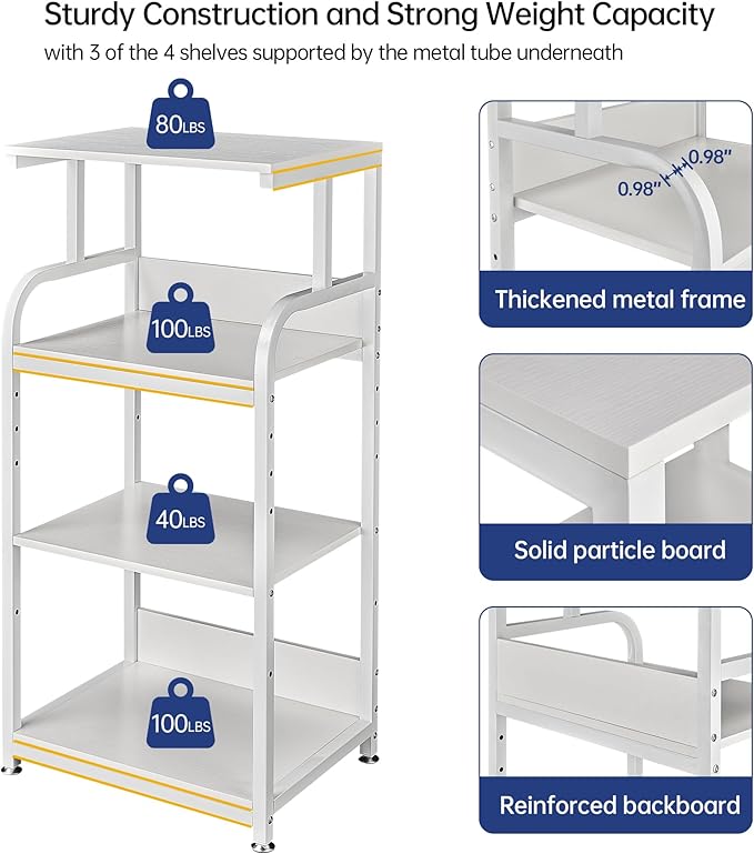 Fannova 4 Tier White Printer Stand Table with Adjustable Shelves, Movable Printer Shredder Stand with Wheels for Home Office Storage and Organization, Rolling Cart for Computer Tower CPU