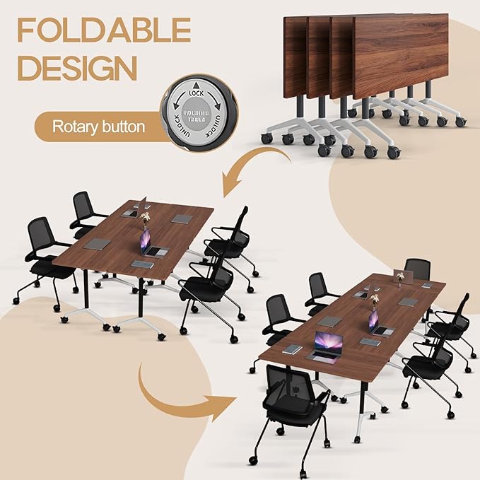 Folding Conference Table 4ft 5ft, Foldable Office Meeting Desk for 6 People, Multiple Sizes Colors Mobile Conference Room Table for Training Room School Business Furniture (2, Walnut, 63in)