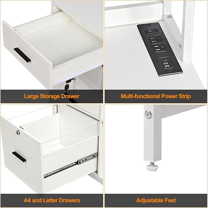 Livofloral Vertical File Cabinet with Charging Station, Filing Cabinets for Home Office, Large Printer Stand with Open Storage Shelves, 3 Drawer Filing Cabinet with Lock fits Letter/A4 Size, White