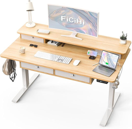 FiCiHi Adjustable Height Standing Desk with 4 Drawers,55 x 30 inches Electric Sit Stand Home Office Desk with Two Tiers, 3 Memory Presets, Monitor Stand Riser, USB A/C Charging Port