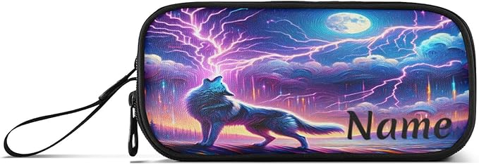 BOENLE Custom Wolf Howling Moon Lightning Pencil Case Box Boys Girls Personalized Name Large Pencil Pouch Stationery Pen Bag Organizer for Kids Adults School Office