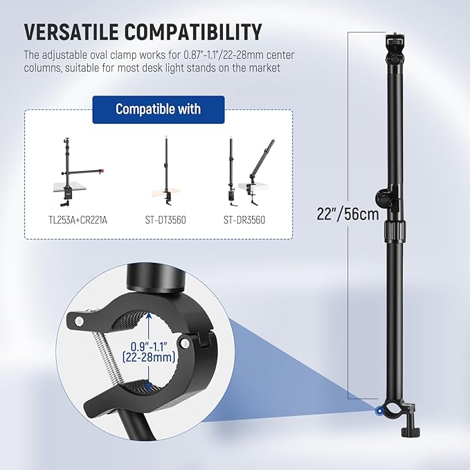NEEWER Overhead Camera Mount Arm with Phone Clip, 22"/56cm 180°&360° 2 Section Flexible Holding Arm for Desk Stand, Fits 0.87"-1.1" Tube, 5.5lb/2.5kg Max Load for Camera LED Ring Light Mic, DS009