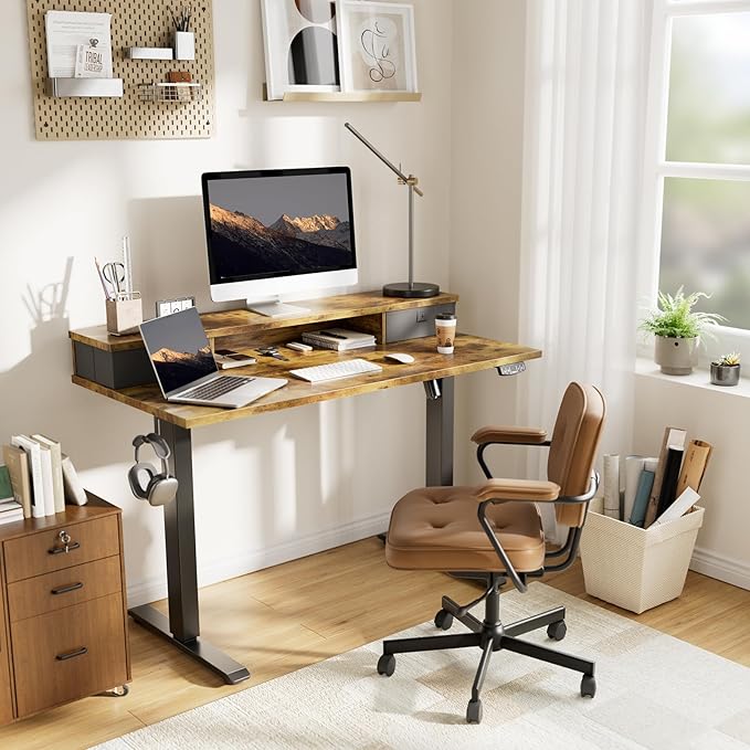 Agilestic 40 x 24 Inches Height Adjustable Electric Standing Desk with 2 Drawers, Stand Up Electric Standing Desk Adjustable Height, Sit and Stand Computer Table with Splice Board, Rustic Brown