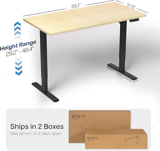 VIVO Electric 55 x 28 in Standing Desk, Memory Height Adjustment, 1B Series, Holds 220 lbs, One-Piece Light Wood Top, Black Frame, DESK-KIT-1B55C