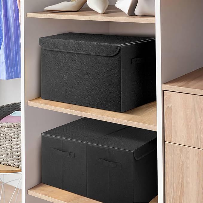 Bagnizer Large 22 Quart Linen Fabric Foldable Storage Bin Cube Organizer Basket with Flip-Top Lid & Handles, Clothes Blanket Box for Home, Office, Closet, Black, 4 Pack 14.6 x 9.5 x 9.5”