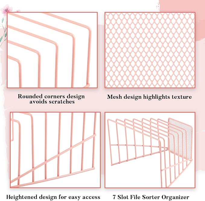 2 Pcs 7 Section Incline File Sorter Metal Wire Mesh File Rack for Desktop Letter Sorter for Magazine Folder Book Organizer Home Office School Paper Mail Desk Storage Holder (Pink)