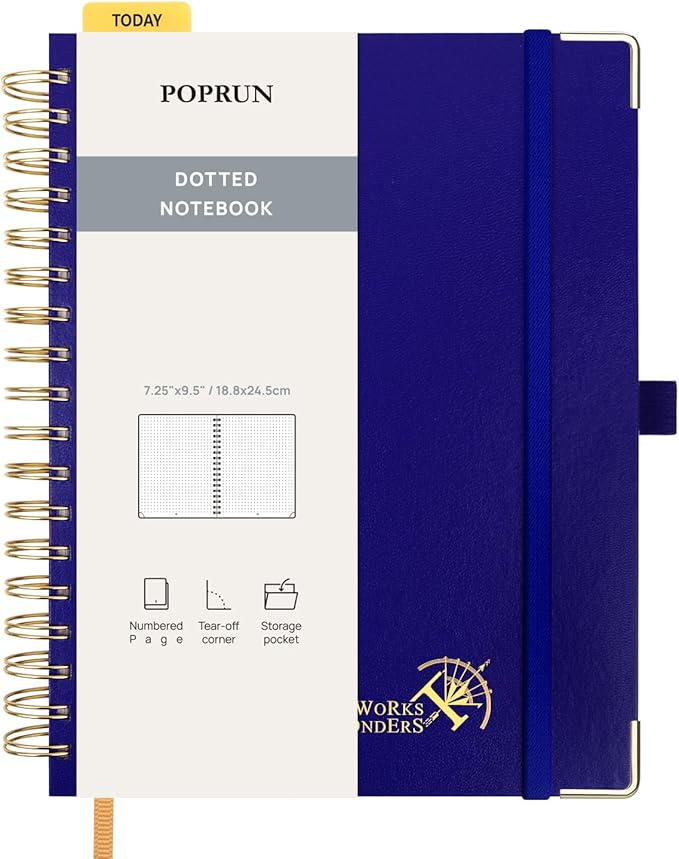 POPRUN Spiral Bullet Dotted Journal Notebook, 7-1/4" x 9-1/2" - 120 GSM Thick Paper, 220 Numbered Pages, Hardcover for Men & Women with Pocket, Index Tabs, 8 Perforated Sheets, Royal Blue
