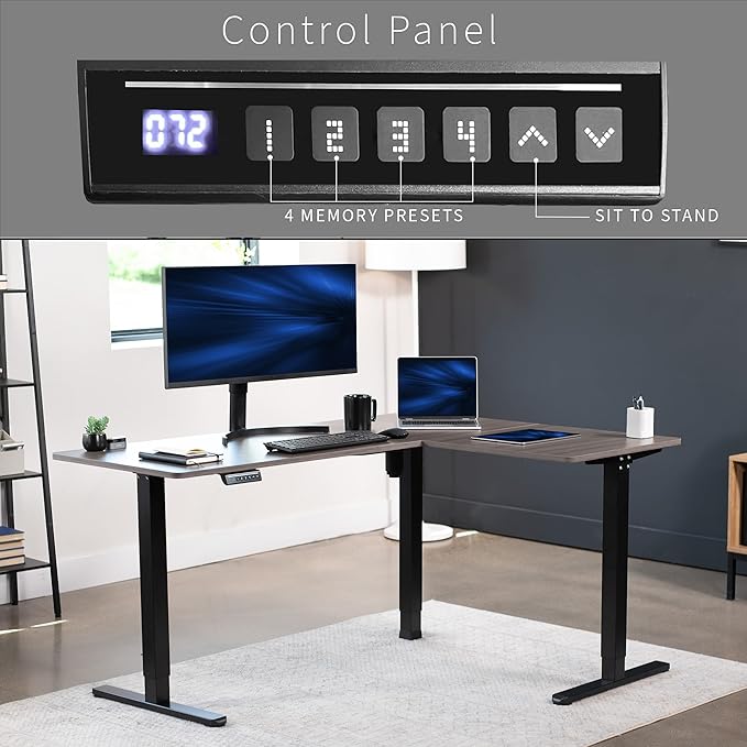 VIVO Electric Corner 63 x 47 inch L-Shaped Standing Desk, Memory Height Adjustment, Dark Gray Top Black Frame, DESK-E3CTG-47