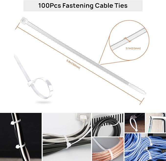 Ditar 193 PCS Cable Management Kit - 4 Cable Sleeve, 57 Self Adhesive Cable Clips, 12 Hanging Strips, 12 Cable Organizer Straps and 100 Fastening Cable Ties for TV Computer Under Desk (White)
