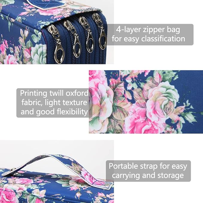 Vomgomfom Colored Pencil Case - 200 Slot Pencil Holder with Zipper Closure, Twill Fabric Large Capacity Pencil Case for Watercolor Pens or Markers, Artist Organizer (Blue Rose)