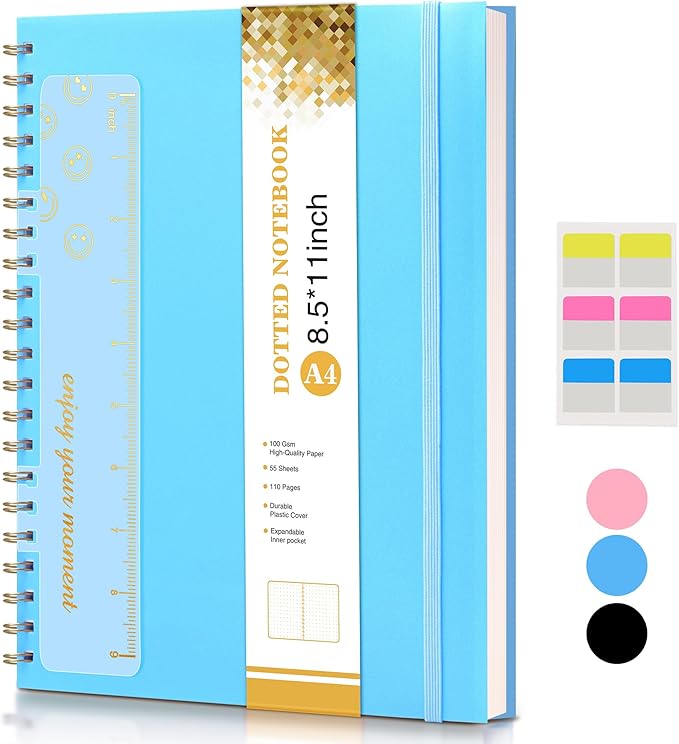 UEBZFOCS Dotted Notebook, Spiral Notebook Journal 8.5” x 11”, A4 Large Dot Grid Notebooks for Women Men, 100 GSM Dotted Paper, Plastic Hardcover Spiral Bullet Journals for Work School Sketching, Blue