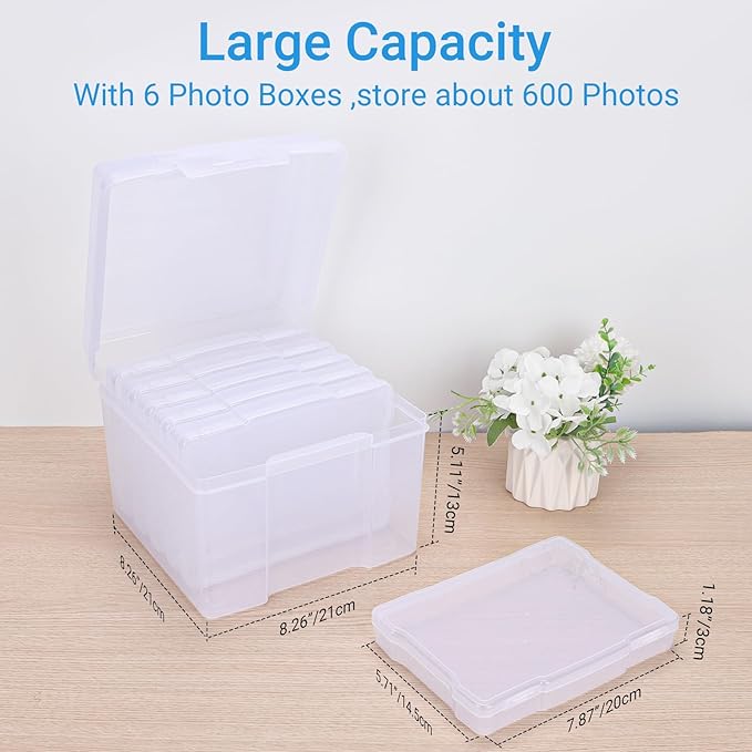 COSICS Photo Storage Box 5" x 7", Extra Large Transparent Plastic Photo Organizer Craft Keeper with 6 Inner Case for Cards, Pictures, Stamps, Stickers, Seeds, Office Supplies