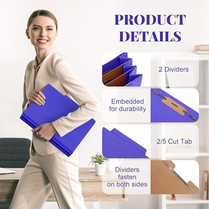 Skyygemm 60 Pcs Classification Folders Letter Size, 2 Divider Pressboard File Folders with 3. 5 Inch Expansion, 2 Prongs Fastener, Heavy Duty Office File Organizers for Teachers, Medical (Purple)