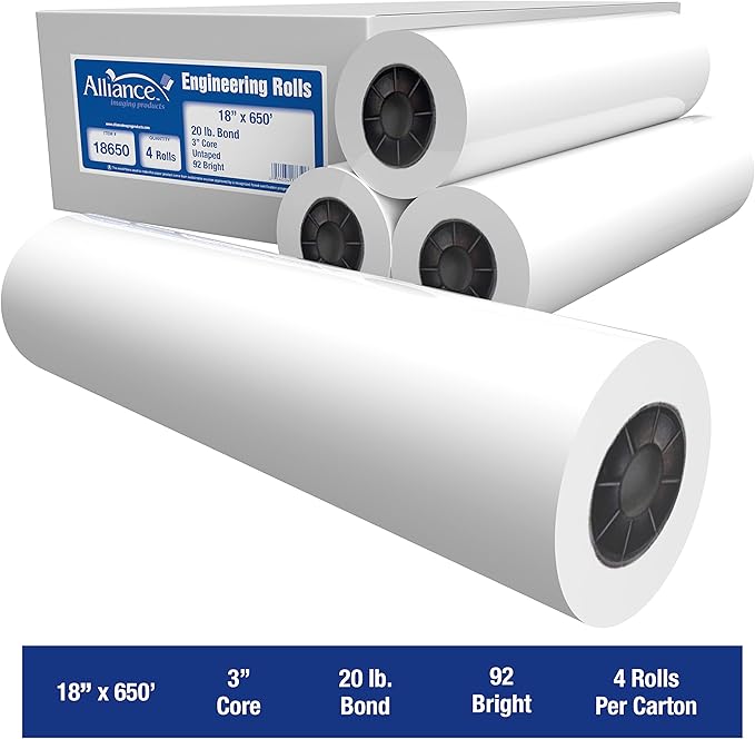 Alliance Wide Format Paper Rolls, 20lb with 3" Core (18 In x 650 Ft | 3" Core, 20lb | 4 Rolls)