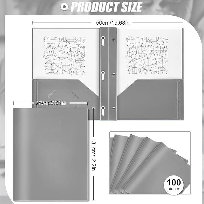 Lincia 100 Pcs Plastic Folders with Pockets and Prong Folders with Prongs 2 Pockets for Office, School for Students, Teachers, Office Workers(Gray)