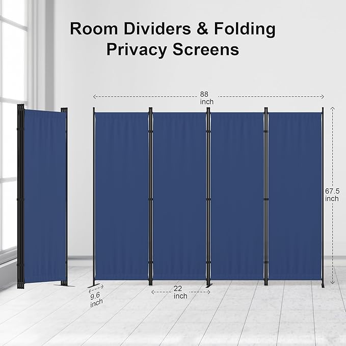 Kecreque Room Partitions and Dividers 4 Panel Portable Wall w/ 3 Wider Feet Folding Room Divider 6FT Privacy Wall Indoor as Dressing Screen for Apartment School Office Children's Separate Rooms,Blue