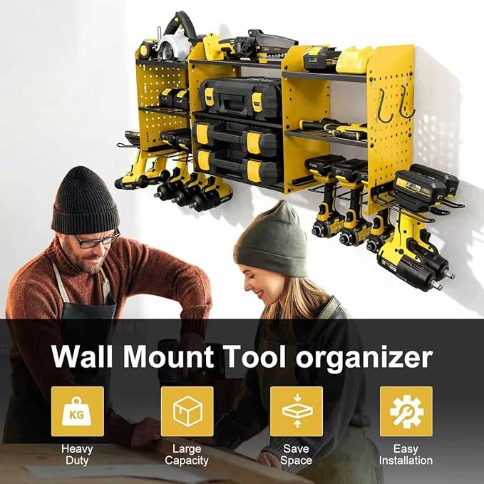 Large Power Tool Organizer Wall Mount with Charging Station, Heavy Duty Cordless Drill Holder, Garage Tool Storage Battery Rack with 8 Outlet, Gift for Men Husband Dad Birthday Anniversary Yellow