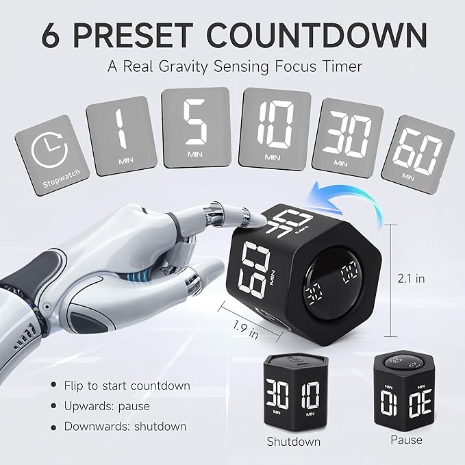 Exlliy Productivity Timer 1, 5, 10, 30, 60 Minutes Preset, Desk Cube Timer with Gravity Sensor/Mute/Vibration for ADHD, Work, Study, Kitchen, Back to School (1, Black)