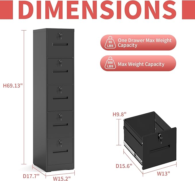 OPTYMIRA 5 Drawer Metal File Cabinet with 5 Unique Locks Black Heavy Duty Locking File Cabinets Home Office Steel Filing Cabinet Vertical File Cabinets for Legal/Letter Size File,Assembly Required