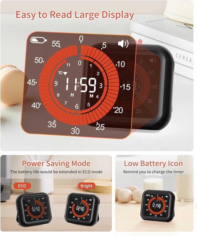 MeesMeek Digital Visual Timer - Large Display Magnetic Countdown Timer with Adjustable Volume and Brightness, 11H59M Memory Function for Kitchen, Classroom, Study Time Management, Seniors & Teachers