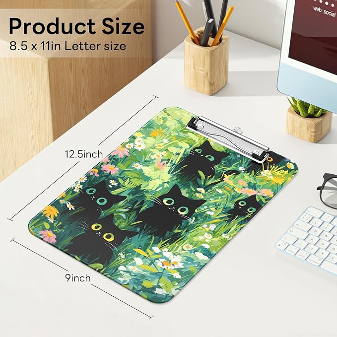 Luminzo Plastic Cute Clipboard Low-Profile Metal Clip, A4 Letter Size 9 x 12.5 in, 8.5 x 11 Paper Clip Board for Teachers, Nurses, Classroom,Cute Black Cats