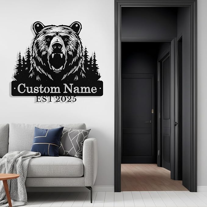 Custom Bear Metal Sign, Custom Bear Metal Wall Art Decor, Personalized Last Name Signs for Home, Rustic Farmhouse Black Wall Decor for Cabin, Bedroom, Living Room, Porch