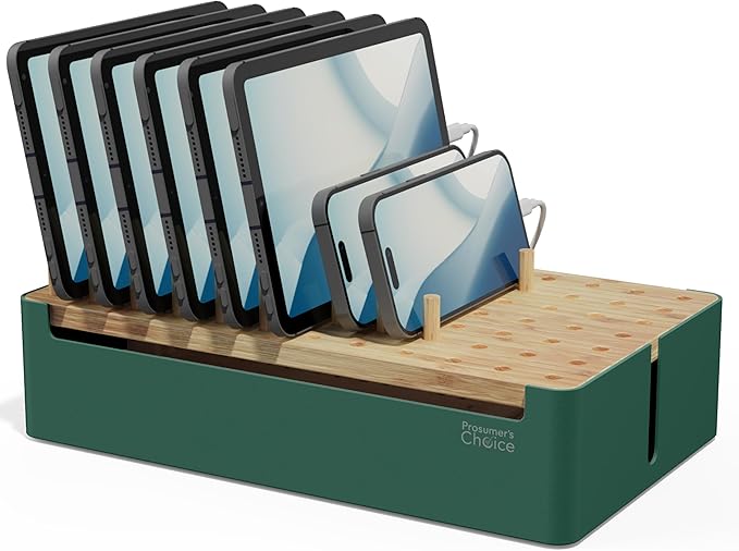 Prosumer's Choice Natural Bamboo Charging Station Rack for Smartphones and Tablets (Metal & Bamboo, Green)