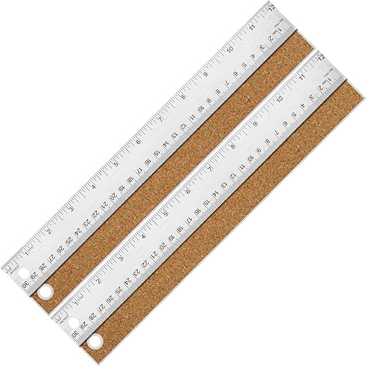 Metal Ruler with Cork Backing, 12 Inch Stainless Steel Rulers 12 Inch Metal Ruler 2 Pack- Imperial and Metric - Non-Slip Prevent Ink Leakage - for School Office Engineering Tools