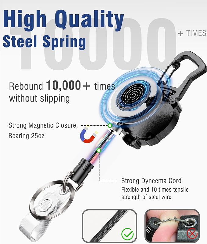 Autonomier 2Pack Heavy Duty Retractable Keychain, Unbreakable Embedded Body with 30.5" Dyneema Cord, Tactical ID Badge Holder Reel Carabiner Clip with Secure Magnetic Closure for Men, Holds 25oz