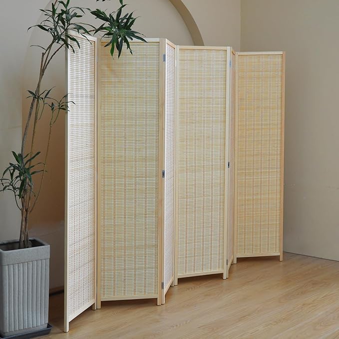 Furnnylane 6 Panel Bamboo Room Divider and Folding Panel Screen,Bamboo Panel Divider for Room Separation,Beige,67" H x 92.1" W