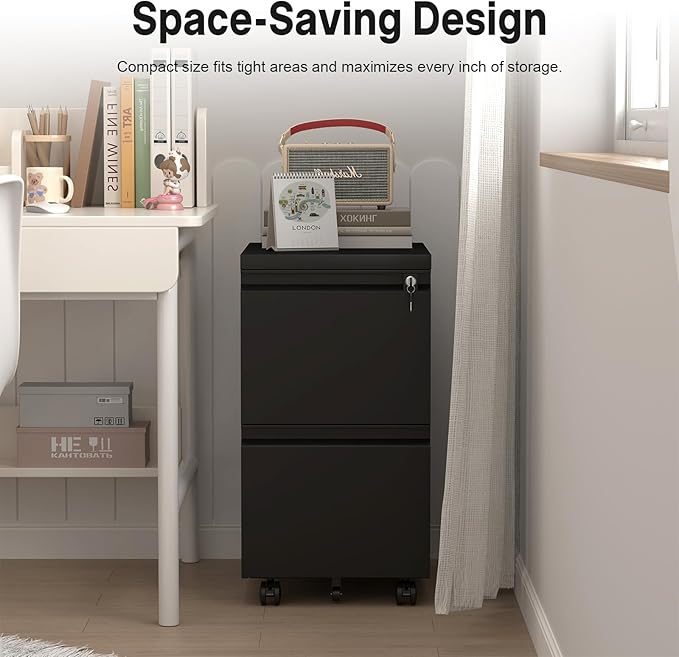 HOMOFFICE 2 Drawer File Cabinet with Lock, Metal Mobile Filing Cabinet on Wheels, Compact Desk Side Storage Cabinet for Home Office, Letter/Legal/A4 File Organizer with Anti-Tip Wheel (Black)