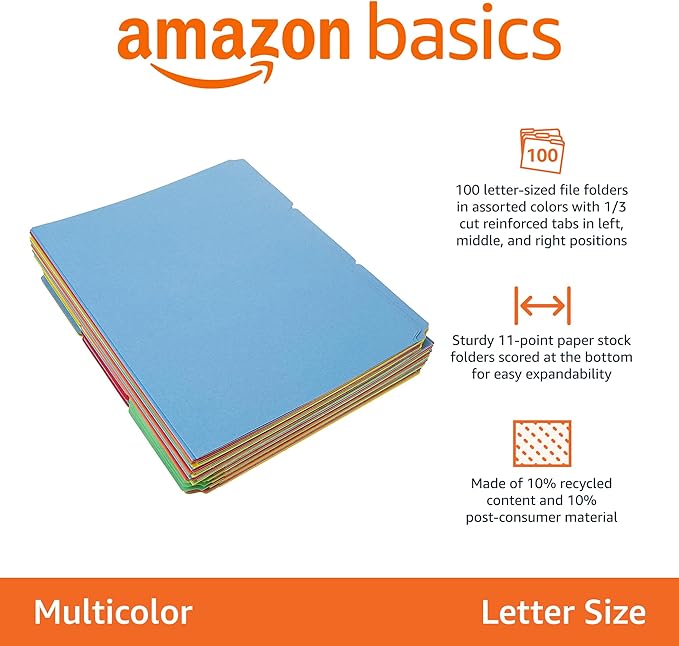 Amazon Basics File Folders with Tabs for Filing, AMZ401, Sturdy, Letter Size, Assorted Colors (100 Pack)