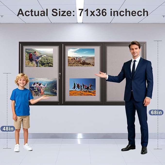 71×36 Inch Lockable Enclosed Bulletin Board, Weather-Resistant Outdoor Noticeboard with Locking Doors, Wall-Mounted Black Aluminum Frame & Grey Felt Presentation Board