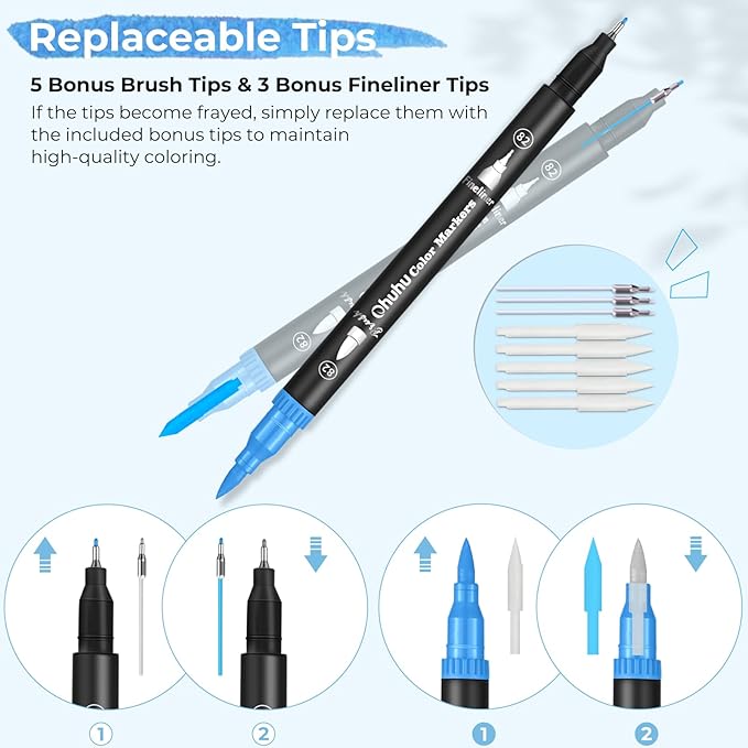 Ohuhu Markers for Adult Coloring Books No Bleeding 160 Colors Coloring Markers Water-based Dual Tips Fineliner & Brush Drawing Pens Art Pens for Kids Adults Sketch Journal - Maui - Black
