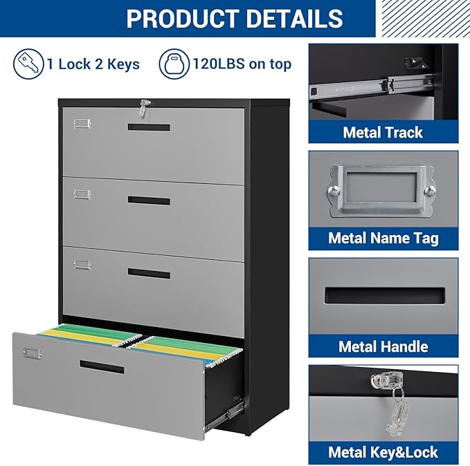 Fesbos Metal Steel 4 Drawer Lateral File Cabinet with Lock, Filling Cabinets for Home Office, Lockable Storage Cabinet for Hanging Files Letter/Legal/F4/A4 Size-Assembly Required