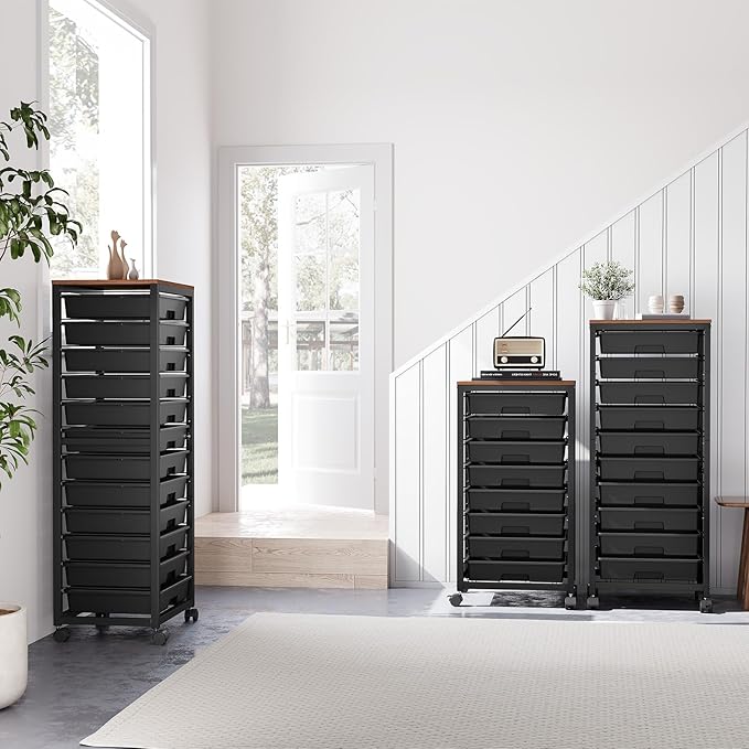 SYKIARIOL Rolling Cart with Drawers,10 Drawer Rolling Cart,Rolling storage cart with drawers,Black Rolling Drawer Cart,Teacher Rolling Cart for Classroom Storage,Craft Cart with Wooden Tabletop
