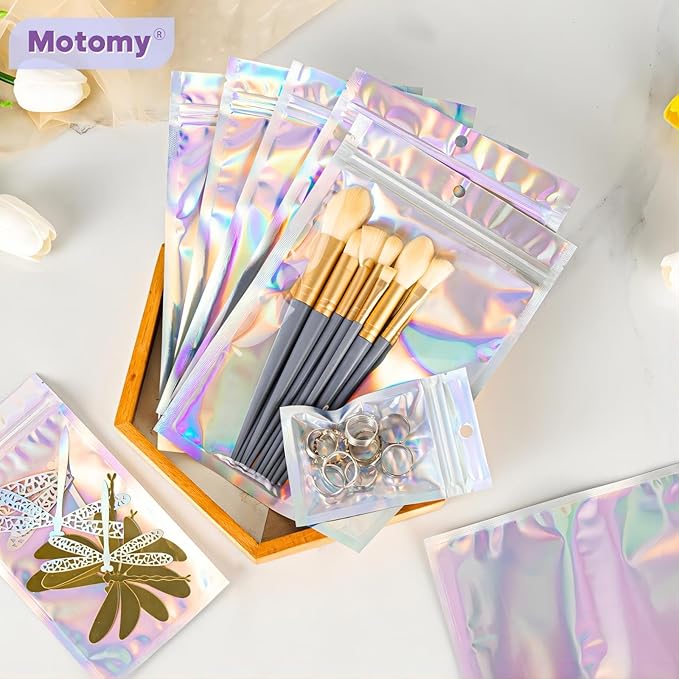 100Pcs Holographic Resealable Bags, 4x6 inch Packaging Foil Pouch ，Motomy Mylar Food Storage Bag Great for Small Business and Party Favor……