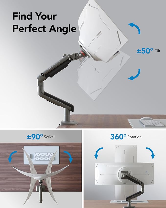 HUANUO TitanLift Heavy Duty Monitor Arm for Screens up to 49", Holds 44 lbs, Aluminum Ultrawide Screen Desk Mount, Fully Adjustable Single Gaming Monitor Mount with Dual C-Clamp, Max VESA 100x100mm