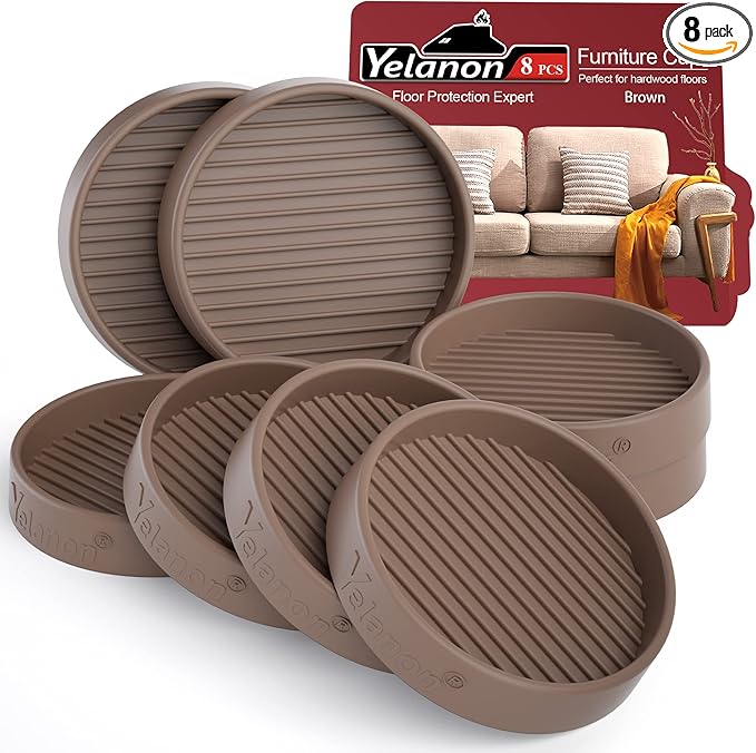 Furniture Coasters - 8 Pcs 3”Round Furniture Caster Cups - Non Slip Pads Hardwoods Floors Non Skid Furniture Grippers Rubber Furniture Feet Anti Slide Floor Protector for Bed Couch Stoppers Brown
