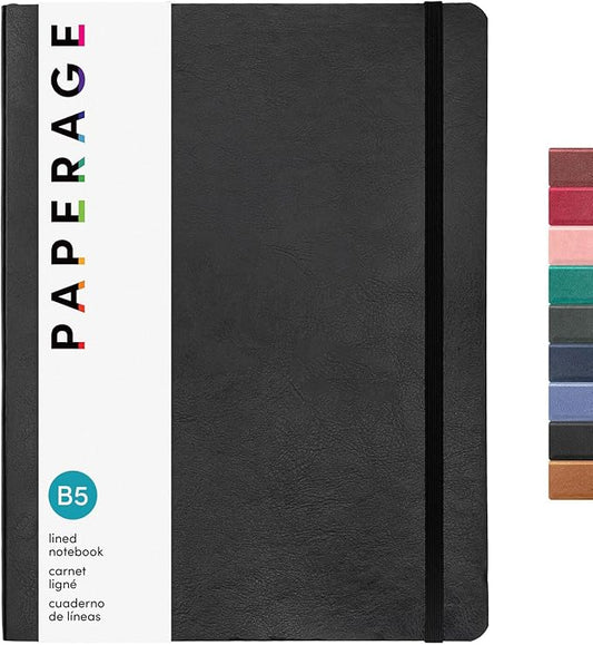PAPERAGE Softcover Lined Journal Notebook (Black), 176 Pages, Large B5 College Ruled Notebook, 7.5 inches x 9.8 inches - 100 GSM Premium Paper, Soft Vegan Leather Journal for Home, Work & School