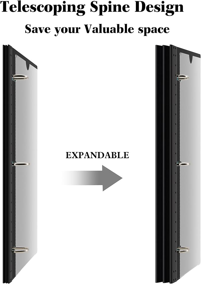 INFUN 1 Inch Telescoping 3 Ring Binder Black+White - 4 PCS， Flexible Binders with Customizable Front Cover and Clear Catalog Pocket,1 inch Binders 3 Ring, 225 Sheet Capacity