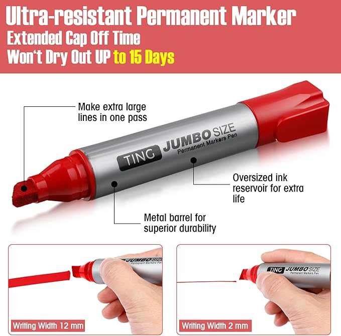 Fuutreo 32 Pcs Jumbo Permanent Markers Bulk Large Chisel Tip Permanent Markers Waterproof Jumbo Pens Quick Drying Office Supplies(Red)