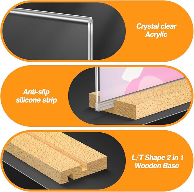 8.5 x 11 Acrylic Sign Holder with Wood Base - Tabletop Display Menu Stand - Clear Plastic L/T Shape Vertical or Slant Back Paper Holders - 3 Pack