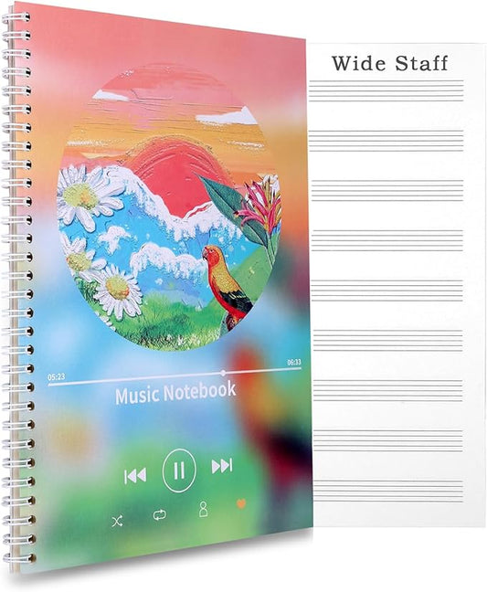 MUDOR Spiral-Bound Blank Sheet Music Notebook, 100 Pages Wide Staff Manuscript Paper with 100 GSM Thick Paper, Non-bleeding, Piano Guitar Composition Notebook for Composers, Students and Musicians (Orange)